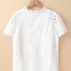 Women's White Geometric Embroidery Hollow Out Short Sleeve Blouse - Image 7