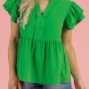 Women's Bright Green Double Ruffle Sleeve Peplum Blouse - Flattering V Neck Top - Image 7