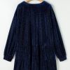 Women's Navy Blue Plus Size Textured Velvet Tiered V Neck Dress - Image 16