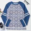 Women's Blue Geometric Printed Lace Patchwork Raglan Long Sleeve Top - Image 5