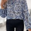 Women's Blue Tribal Print Lace-Up Frilled Neck Puff Sleeve Blouse - Elegant and Stylish - Image 5