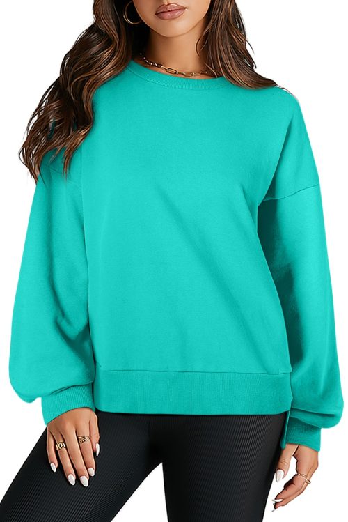 Women's Aruba Blue Solid O-Neck High Low Hem Pullover Sweatshirt