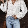 Elegant White Eyelet Embroidered Puff Sleeve V Neck Blouse for Women - Image 5