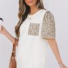 Women's Elegant White Leopard Patchwork Puff Sleeve T-Shirt with Crochet Lace Trim - Image 3