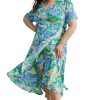 Plus Size Green Leaves Print Short Sleeve Surplice Neck Maxi Dress with Ruffled Trim - Image 18