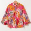 Women's Red Abstract Floral Print Buttoned Ruffled Bubble Sleeve Shirt - Image 7