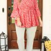 Women's Plus Size Red Floral V Neck Blouse with Flared Bracelet Sleeves - Image 4