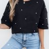 Women's Black Pearl Beaded Drop Shoulder Crewneck T-Shirt - Trendy Casual Tee - Image 8