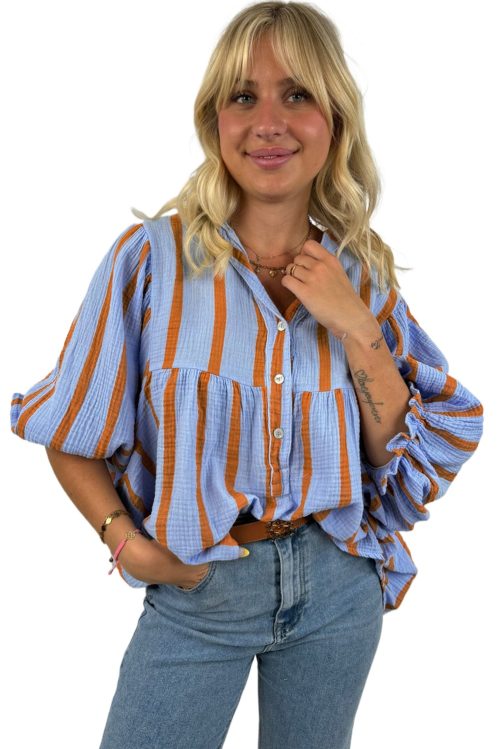 Women's Sky Blue Stripe Crinkled Ruffled Sleeve Button Up Loose Shirt