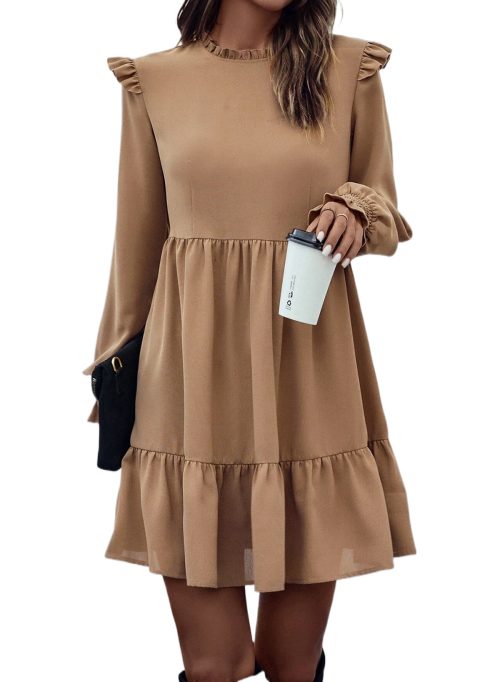 Women's Light French Beige Frilled Collar Ruffled Shoulder Mini Dress