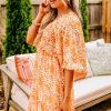 Women's Orange Floral Print Smocked V Neck Wide Sleeve Maxi Dress for Summer - Image 7