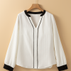 Women's Elegant White Textured Colorblock V Neck Blouse for Smart Casual Events - Image 7