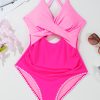 Chic Rose Red Ric Rac Trim Cutout One Piece Swimsuit with Contrasting Patchwork Design - Image 13