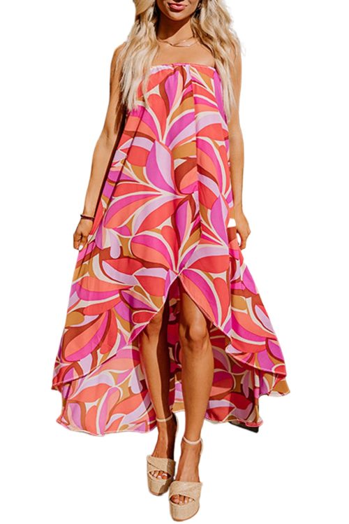 Women's Rose Floral High Low Bandeau Midi Dress - Perfect for Summer Vacations