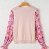 Women's Oatmeal Floral Printed Patchwork Smocked Lantern Sleeve Knit Sweater - Image 7