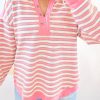 Women's Pink Stripe Buttoned V Neck Collared Drop Shoulder Long Sleeve Top - Image 2