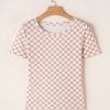 Women's Pink Checkered Ribbed Slim Fit Crew Neck T-Shirt for Casual Wear - Image 3