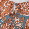 Women's Orange Paisley Print Loose Fit Drawstring High Waist Mini Dress - Image 8