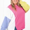 Plus Size Rose Red Colorblock Patchwork Striped Puff Sleeve Top with Slits - Image 4