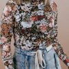 Women's Brown Floral High Neck Long Sleeve Sheath Blouse - Image 2