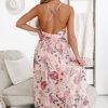 Women's Pink Floral Pleated Bust Backless Maxi Dress with Empire Waist - Image 2