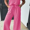 Bright Pink Solid Corded Knit Short Sleeve T-Shirt and Wide Leg Pants Set for Women - Image 3