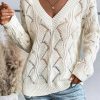 Women's Beige Hollow Out Knit Drop Shoulder V Neck Sweater - Image 5