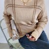 Women's Khaki Plaid Pattern Knitted Long Sleeve Drop Shoulder Sweater - Image 6