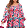 Women's Plus Size Rose Floral Smocked Square Neck Mini Dress - Image 22