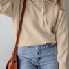 Women's Beige Solid Color Drawstring Hooded Drop Shoulder Pullover Sweater for Ultimate Comfort - Image 5