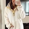 Women's Cozy Beige Fleece Colorblock Trim Sweatshirt with Buttons and Pocket - Image 7