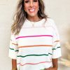 Women's White Colorblock Striped Half Sleeve Drop Shoulder Sweater - Image 6