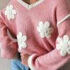 Women's Pink Floral V Neck Dropped Shoulder Sweater - Image 2