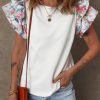 Women's White Abstract Print Tiered Ruffled Sleeve Textured Knit Top - Image 7