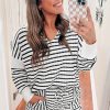 Plus Size Black Stripe Collared V Neck Long Sleeve Top with Shorts Set - Image 2