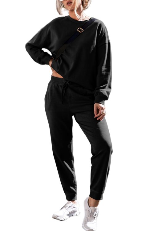 Chic Women's Black Solid Color High Low Pullover and Skinny Pants Set