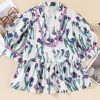 Women's Purple Floral Ricrac Trim Peplum Top with Puff Sleeves - Image 13