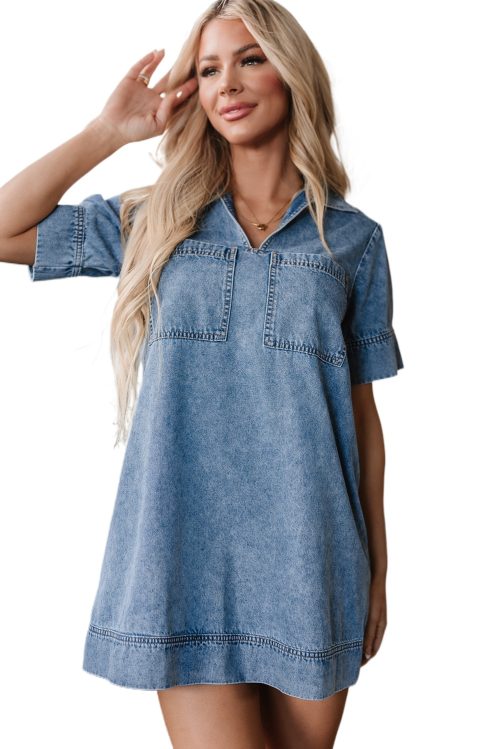 Women's Beau Blue Short Sleeve Collared Denim Mini Dress with Patched Pockets