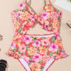 Women's Red Floral Ruffle Trim Cutout Knotted One Piece Swimsuit for Summer Vacations - Image 9