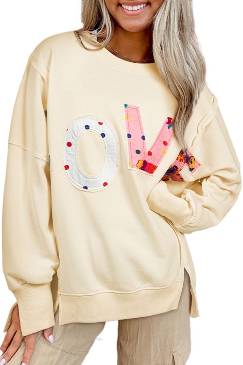 Fashionable Apricot Oversized Sweatshirt with LOVE Patch Graphic