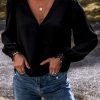 Women's Black Lace Crochet Cuff V Neck Blouse - Image 7