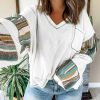 Women's White Striped Patchwork Exposed Seam Waffle Knit Long Sleeve Top - Image 2