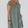 Women's Mist Green Frilled Gathered Seam Round Neck T-Shirt Dress with Pockets - Image 13