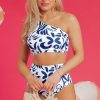 Women's Blue Abstract One-Shoulder High Waisted Bikini - Bohemian Style Swimsuit - Image 6