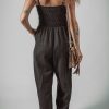 Women's Black Spaghetti Strap Shirred Bodice Wide Leg Jumpsuit with Pockets - Image 2