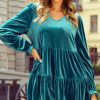 Women's Elegant Sea Green Velvet V Neck Peplum Hem Puff Sleeve Blouse - Image 6