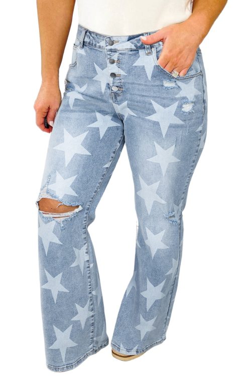 Trendy Sky Blue Star Printed Plus Size Jeans with Multi Buttons and Slit Knee