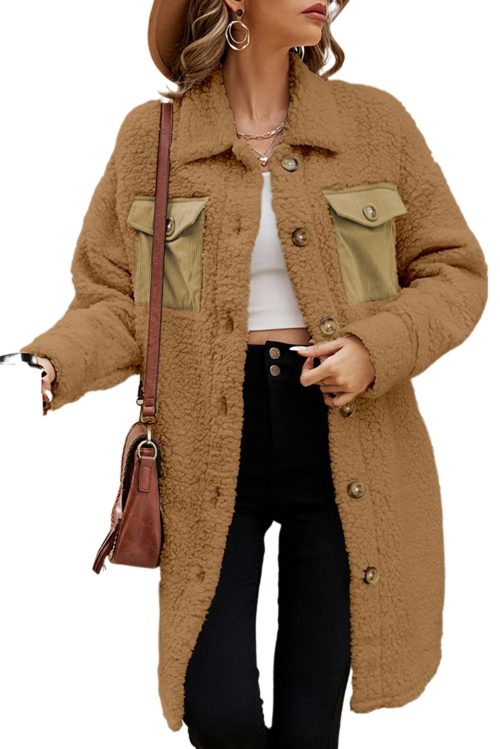 Women's Khaki Teddy Coat with Contrast Flap Pockets - Cozy Single Breasted Outerwear