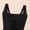 Elegant Women's Black Solid Criss Cross Backless Square Neck One Piece Swimsuit - Image 24