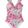 Women's Pink Floral Ruffle Trim V Neck Lace-up Back Tummy Control One Piece Swimsuit - Image 22